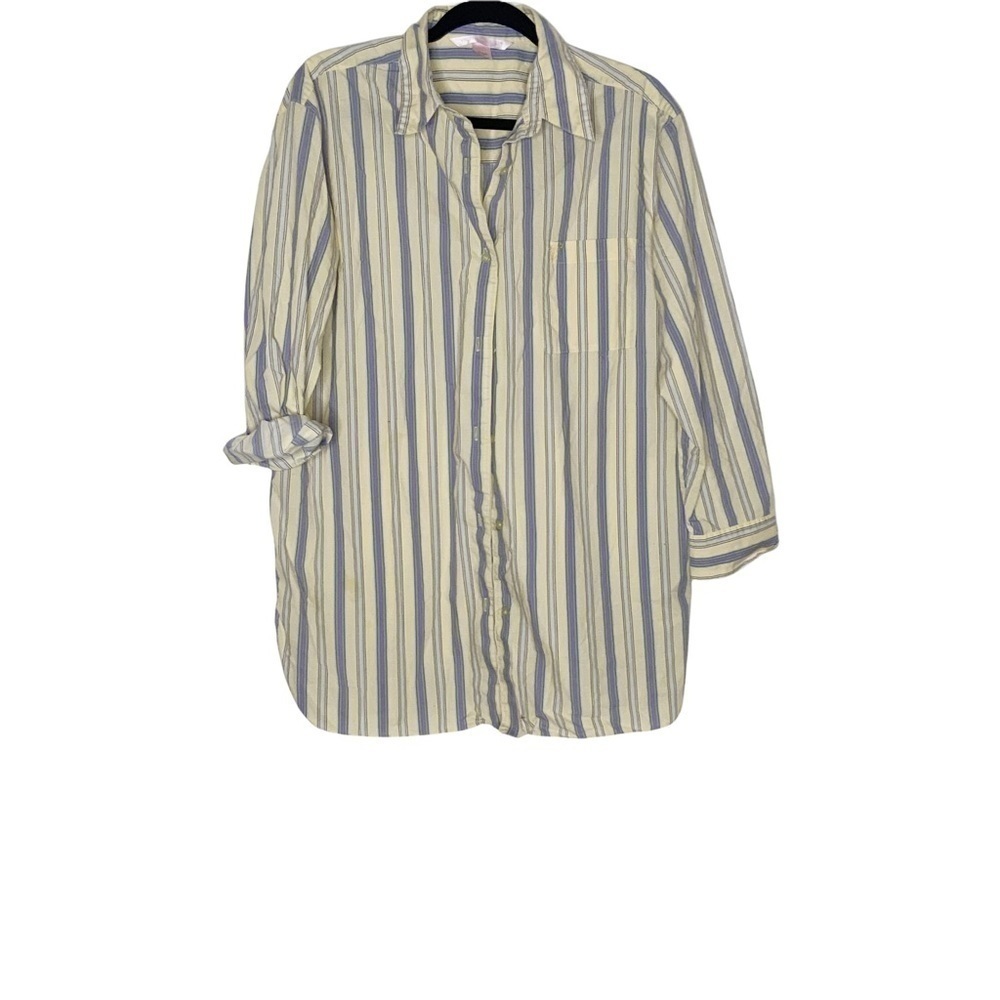 VICTORIA’S Secret yellow striped, oversized buttoned down shirt.